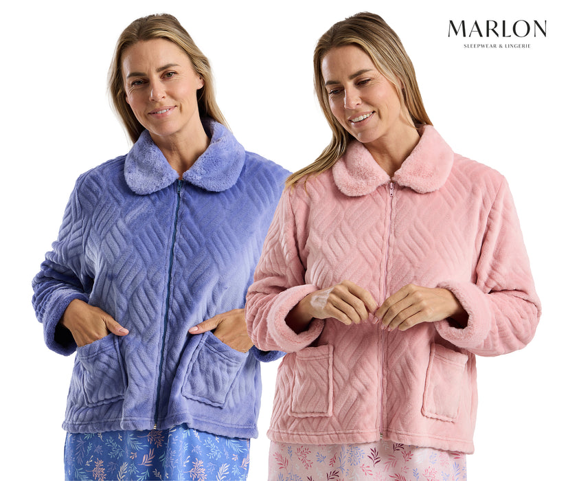 Marlon Luxury Zip Front Bed Jacket With Faux Fur Collar
