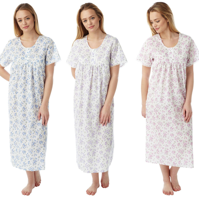 Three images of a woman wearing a floral nightgown 