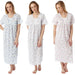 Three images of a woman wearing a floral nightgown 