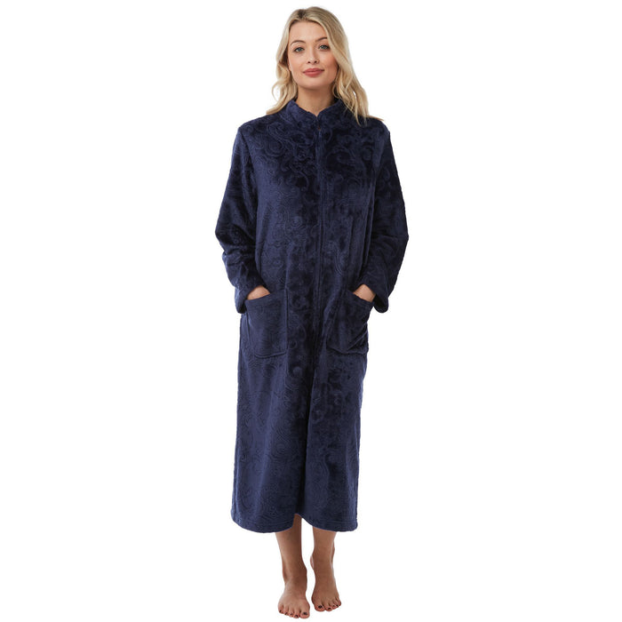 Soft Touch Embossed Effect Zip Front Dressing Gown