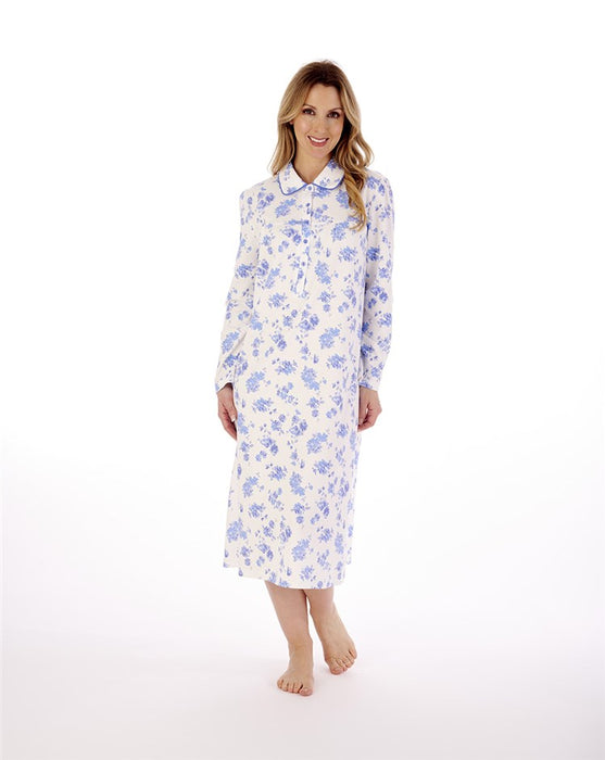 Slenderella Long Sleeve Nightdress with Collar in 100% Cotton Interlock