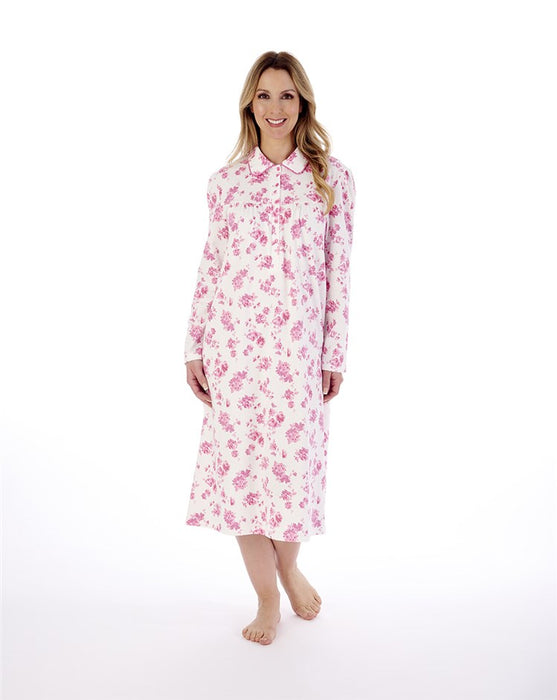 Slenderella Long Sleeve Nightdress with Collar in 100% Cotton Interlock