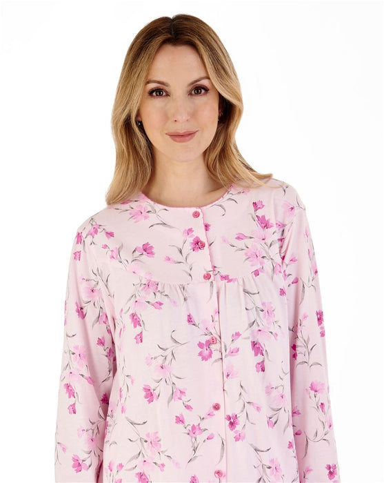 Slenderella 100% Cotton Full Button Picot Trim Floral Jersey Nightdress