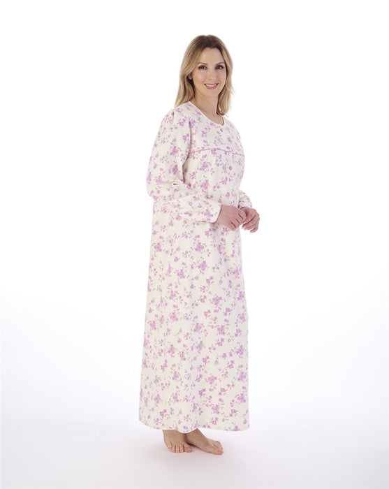 Slenderella Long Length Long Sleeve Nightdress with Round Neck in Winceyette Brushed Cotton