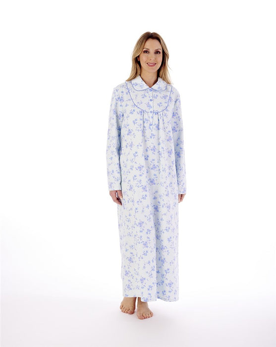 Slenderella Long Length Long Sleeve Nightdress with Collar in Winceyette Brushed Cotton