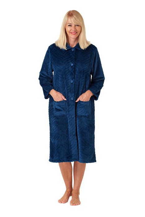 Marlon Button Front Dressing Gown in Herringbone Embossed Effect Supersoft Fleece