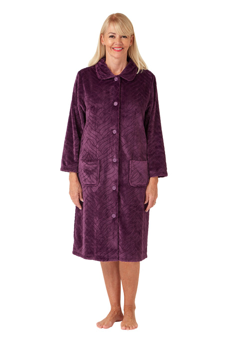 Marlon Button Front Dressing Gown in Herringbone Embossed Effect Supersoft Fleece