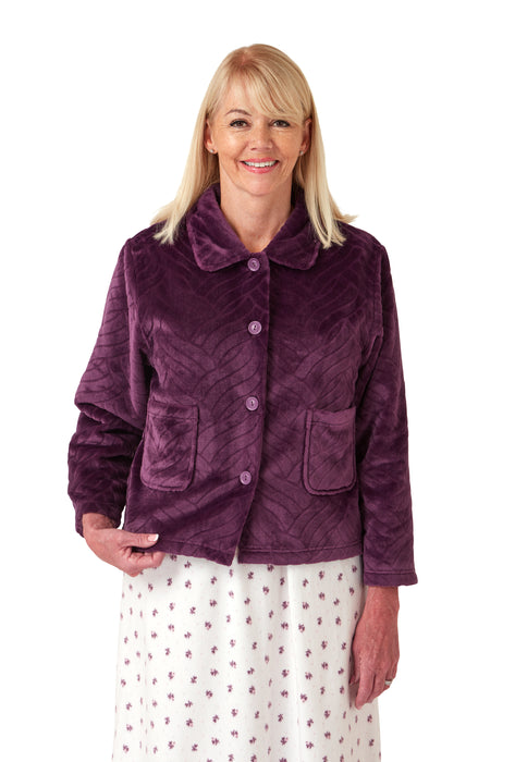 Marlon Button Front Bed Jacket in Embossed Effect Supersoft Fleece