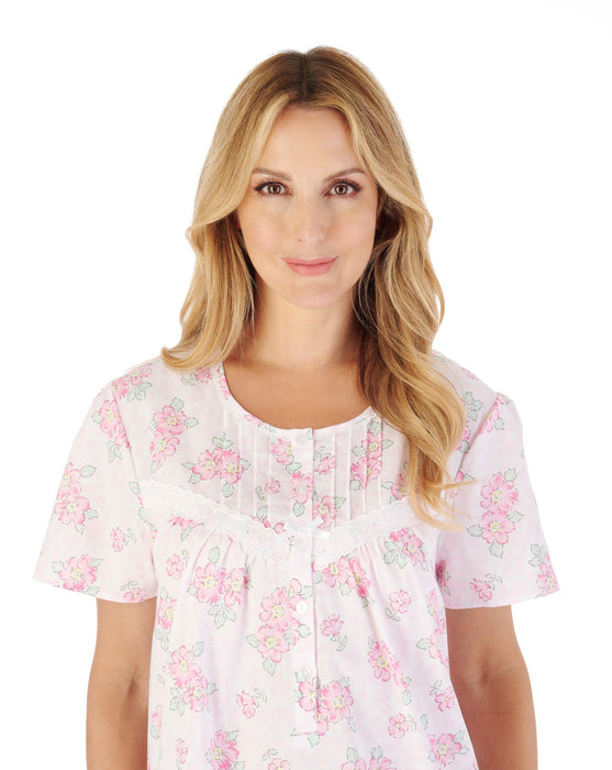 Slenderella 100% Cotton Short Sleeve Button Front Floral Nightdress