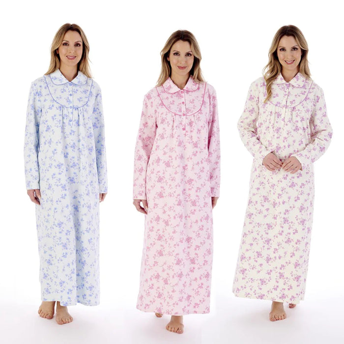 Slenderella Long Length Long Sleeve Nightdress with Collar in Winceyette Brushed Cotton