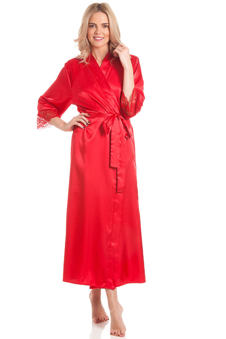 British Made Long Satin Wrap Dressing Gown With Lace Trim Sandras-Online British Made Long Satin Wrap Dressing Gown With Lace Trim Sandras-Online