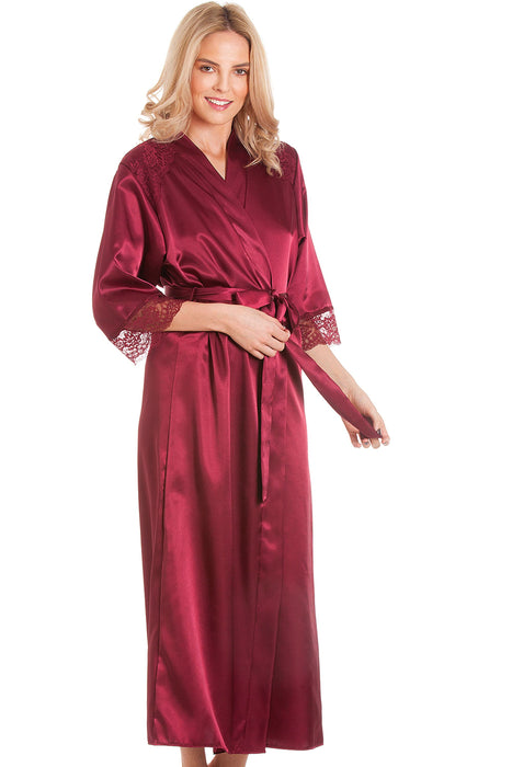 British Made Long Satin Wrap Dressing Gown With Lace Trim