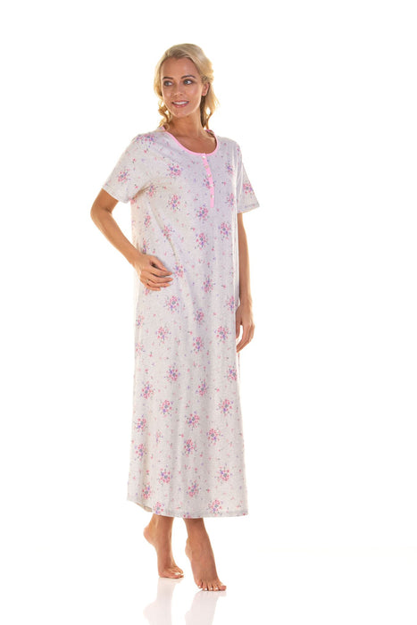 Short Sleeve Longer Length Cotton Rich Pink Bouquet Print Lounger