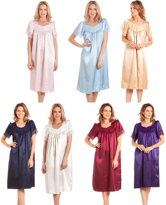 British Made Ladies Satin Short Sleeve Nightdress With Lace Trim