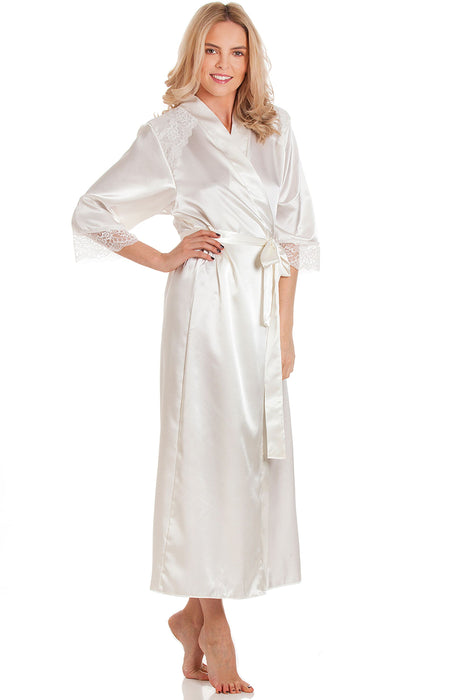 British Made Long Satin Wrap Dressing Gown With Lace Trim