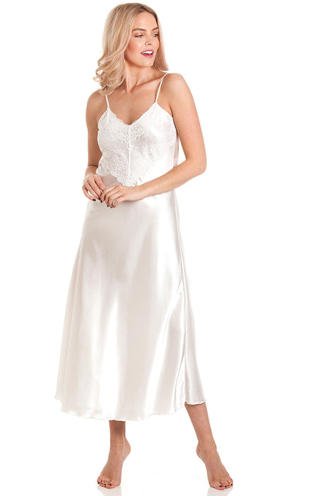 British Made Long Thin Strap Satin Chemise With Lace Trim
