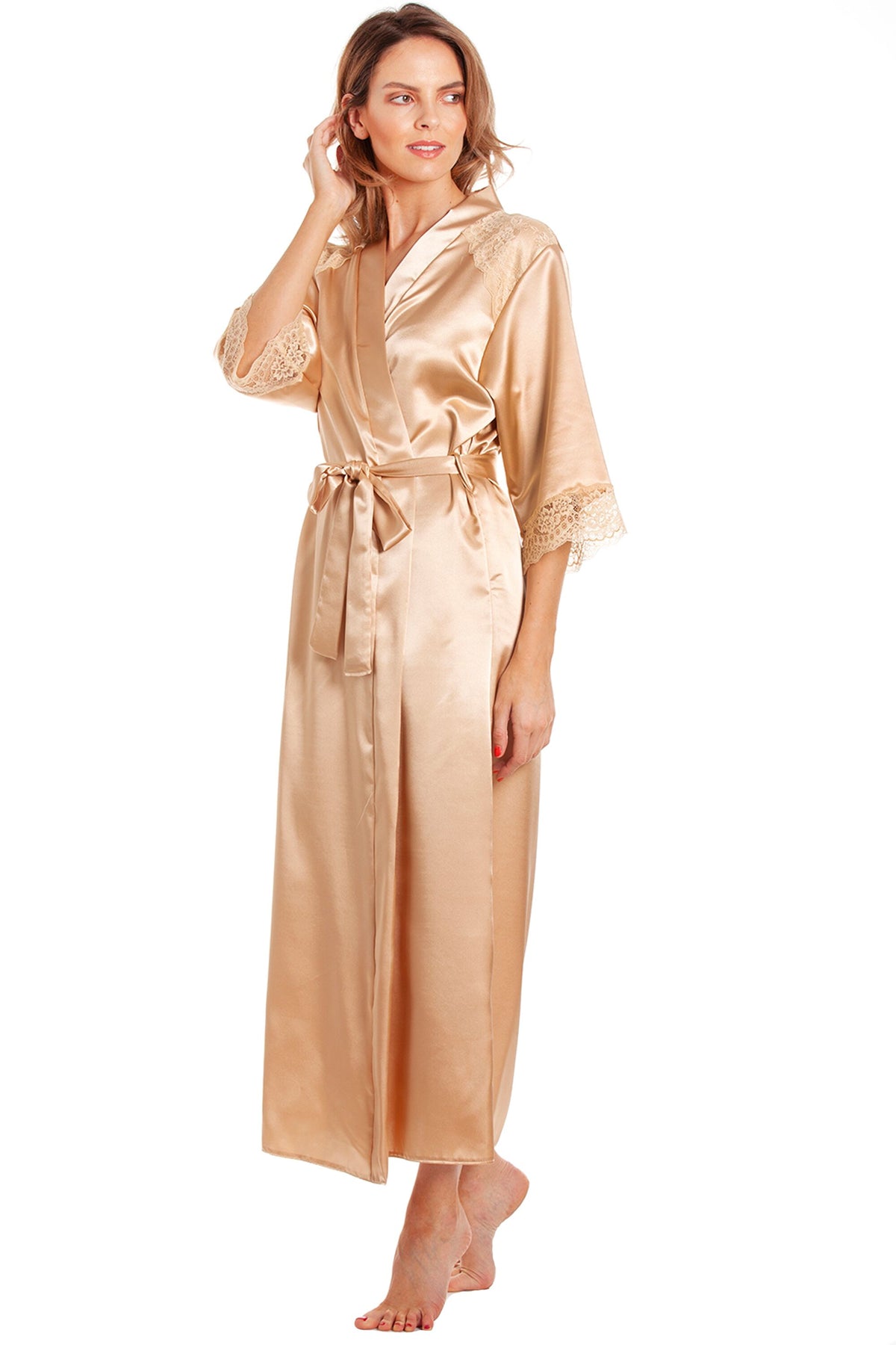 Very long, ankle-length satin dressing gown with long, flared sleeves