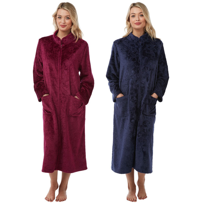 Soft Touch Embossed Effect Zip Front Dressing Gown