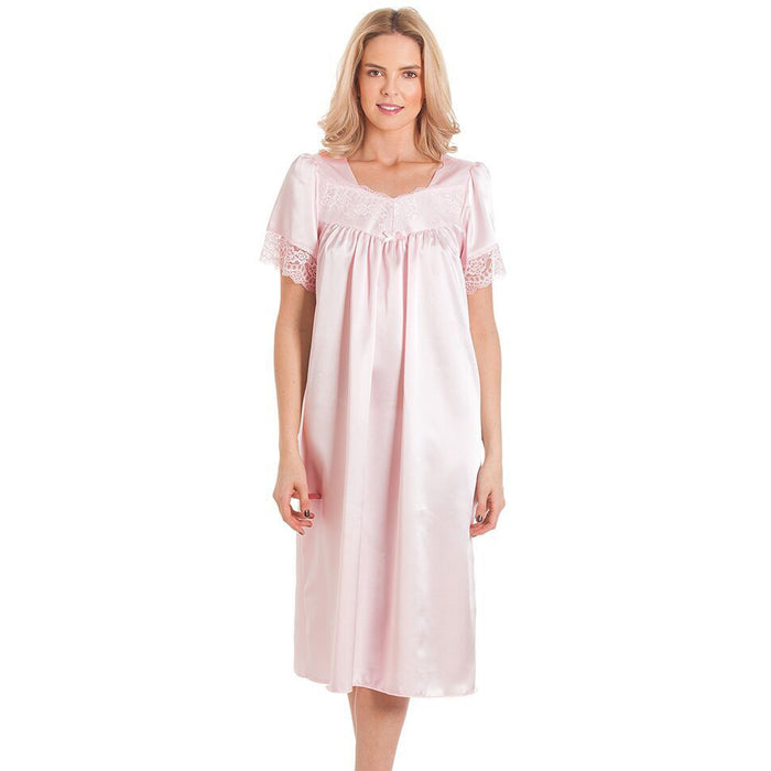 British Made Ladies Satin Short Sleeve Nightdress With Lace Trim